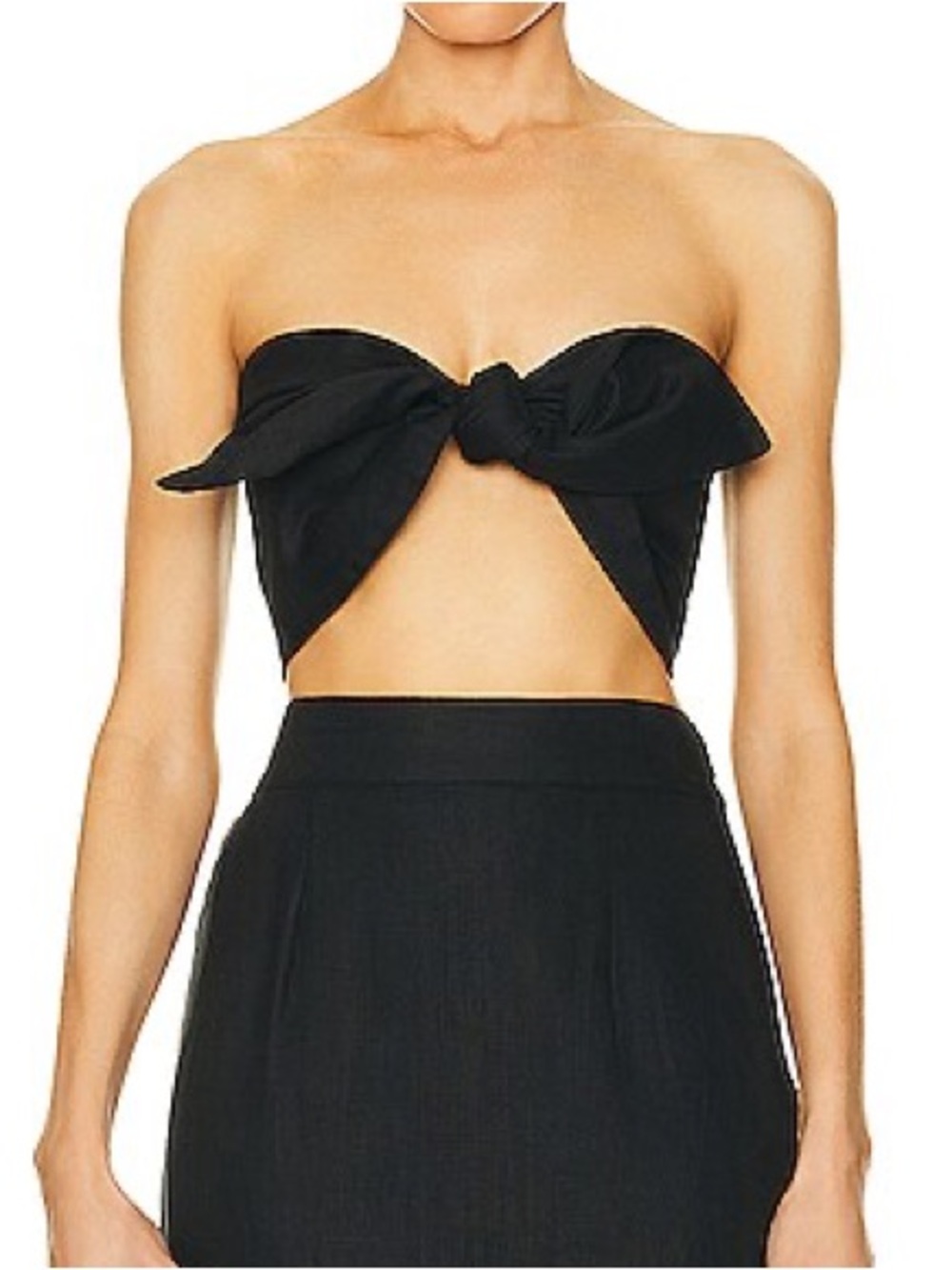 Posse Mickey Linen Bandeux Strapless Black Tie-Front Crop Top
